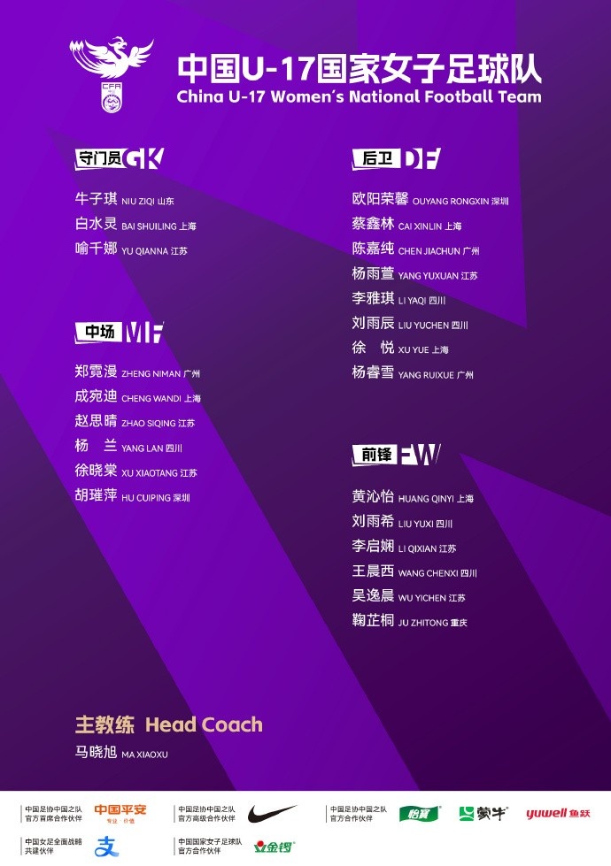 开云体育网址-U17女足亚洲杯，中国U-17国家女子足球队23人参赛名单公布